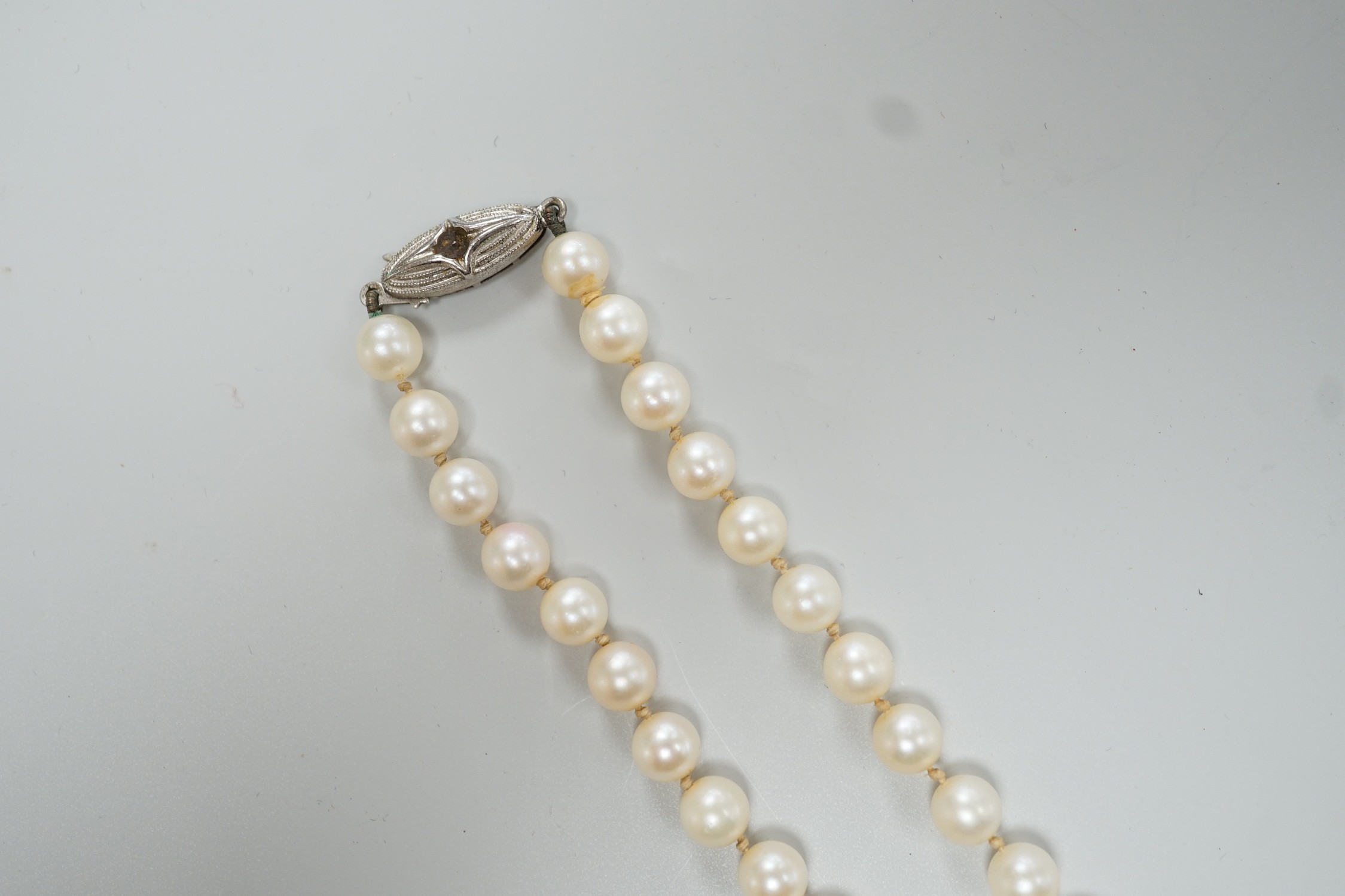 A Mikimoto single strand cultured pearl necklace, with sterling clasp, 48cm, with Mikimoto pouch.